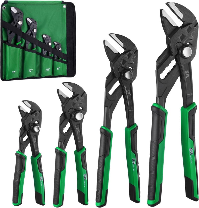 SK 4-Piece Pliers Wrench Set, Adjustable Parallel Smooth Jaw Pliers, 6-Inch, 7.5-Inch, 10-Inch, 12-Inch, Premium CR-V Construction, with Rolling Pouch - Image 1